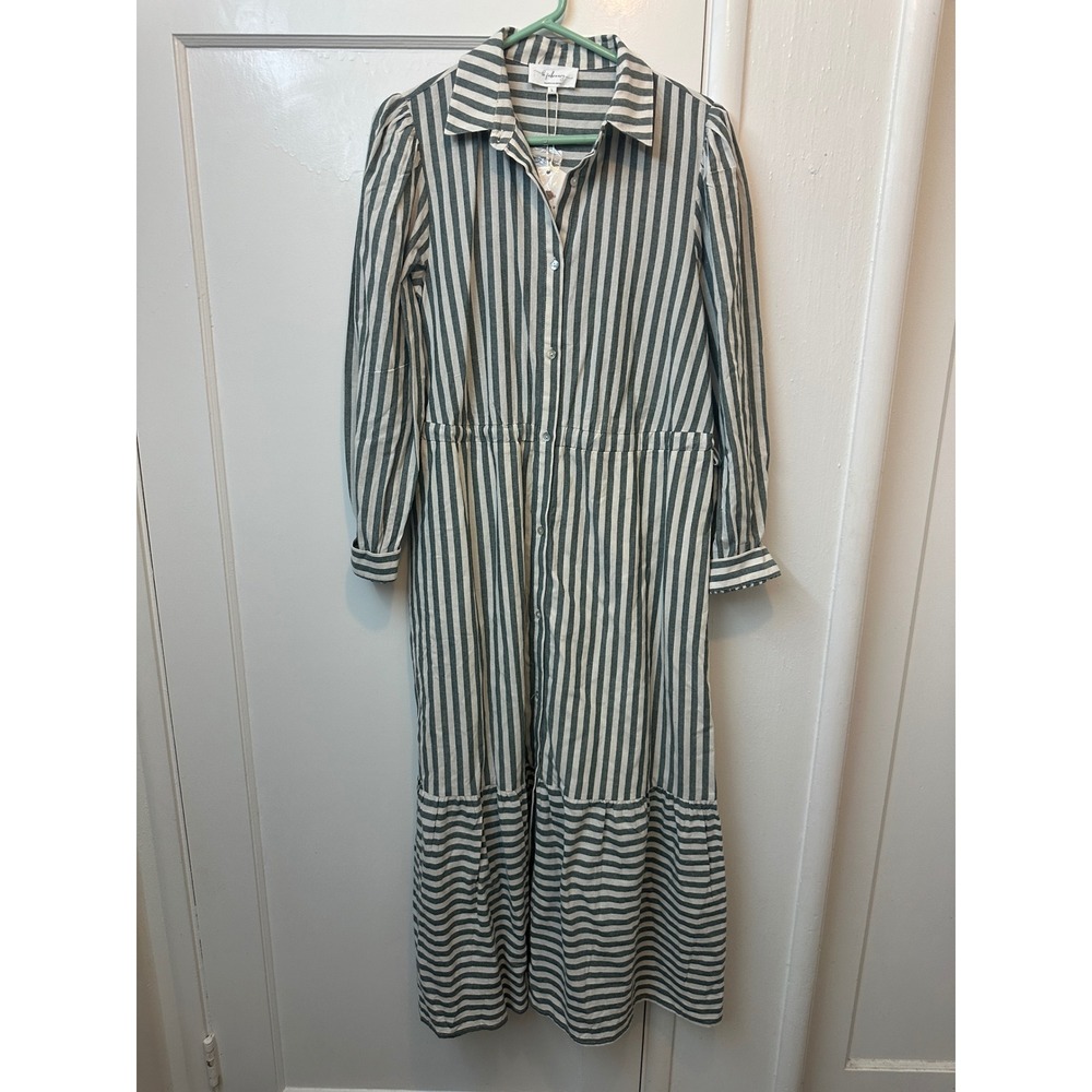 La February Womens Deep Green Striped Cotton Maxi Shirt Dress E2426D Large NWT